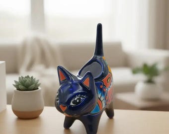 Vibrant Talavera Cat Planter | Handmade Mexican Pottery