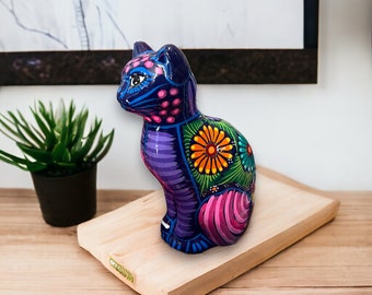 Hand-Painted Mexican Cat Piggy Bank | Colorful Gato Money Box (Medium)