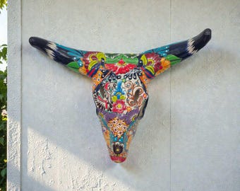 Colorful Talavera Bull Skull | Mexican Wall Art Decor