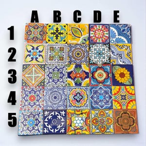 Handcrafted Talavera Tile Serving Tray | Mexican Wooden Tray showing 25 colorful hand-painted Talavera tiles in orange yellow blue floral motifs