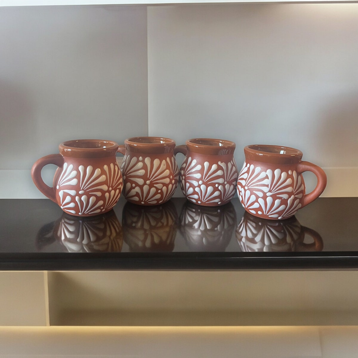 Set of 4 Brown Talavera Clay Jarritos Set | Handmade Mexican Mugs