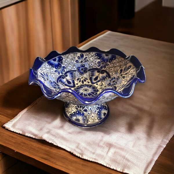 Hand-painted Talavera Fruit Basket | Mexican Ceramic Centerpiece in Blue and White