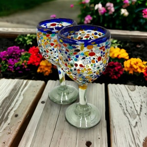 Vibrant Set of 6 Hand Blown Mexican Glass with Blue Rim Confetti