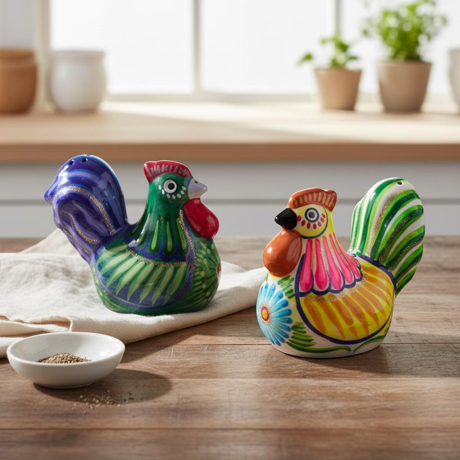 Set of 2 Chicken Salt and Pepper Shakers | Mexican Hand-Painted Guerrero Pottery