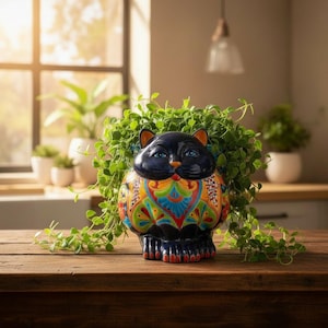 Dikke Kat Talavera Bloempot | Handgemaakt Mexicaans aardewerk