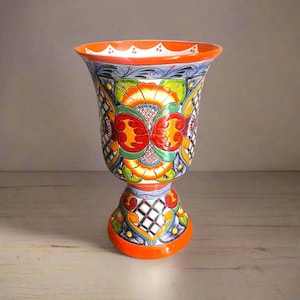 Maceta extragrande de Talavera / Macetero con pedestal pintado a mano