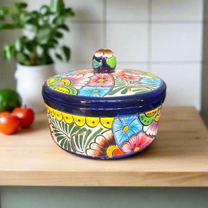 Talavera Tortilla Warmer | Hand-Painted Mexican Ceramic Dish with bold cobalt rim and colorful floral Talavera pattern