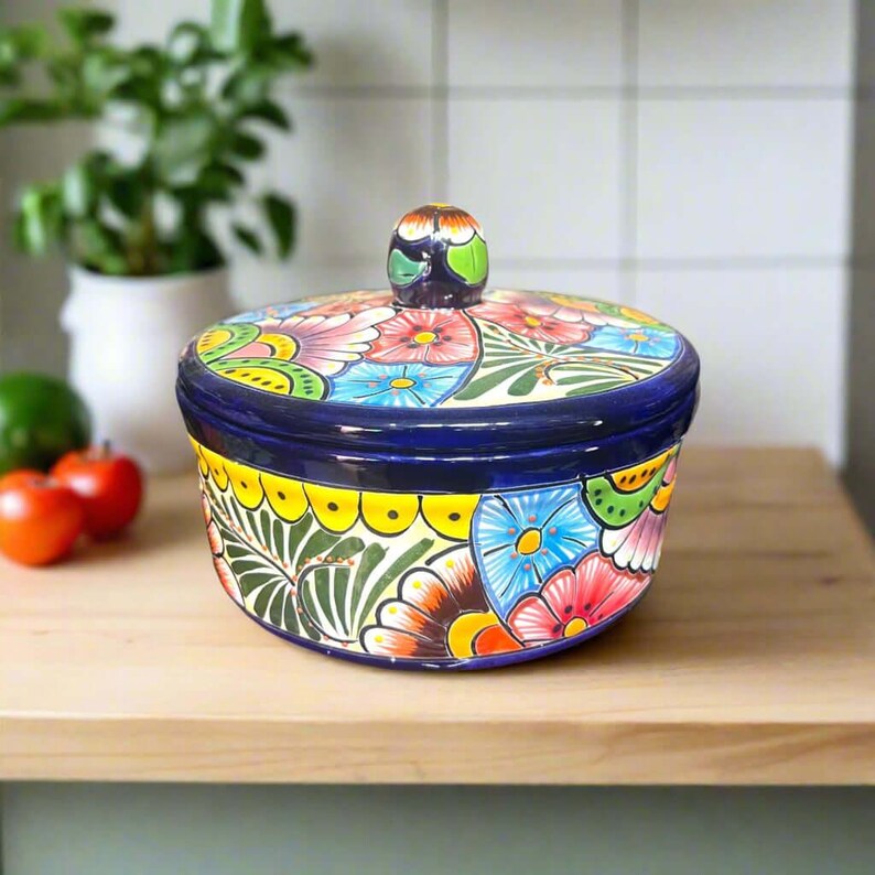 Talavera Tortilla Warmer | Hand-Painted Mexican Ceramic Dish with bold cobalt rim and colorful floral Talavera pattern