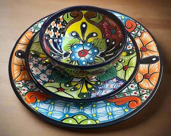 Conjunto de jantar Talavera | Louça floral de 26 peças para 8 pessoas