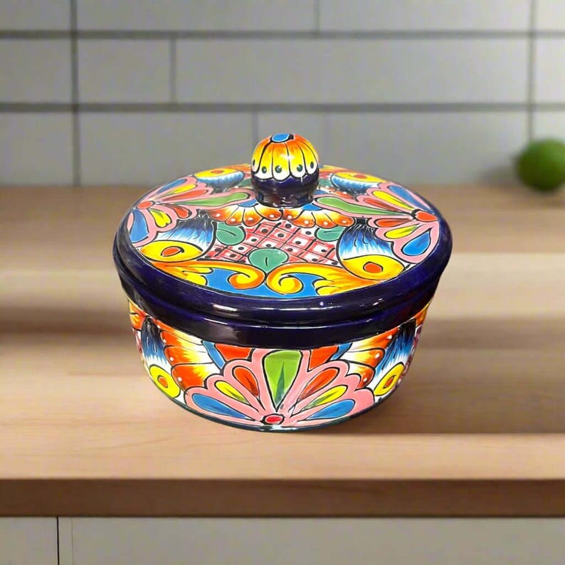 Talavera Tortilla Warmer | Hand-Painted Mexican Ceramic Dish - round hand-painted Talavera ceramic tortilla warmer with cobalt rim and colorful floral patterns