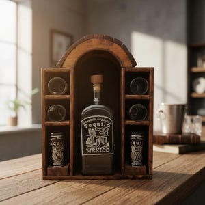 Mexicaanse tequilakarafset | 6 borrelglaasjes en houten display
