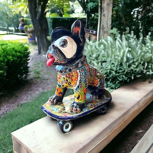 Talavera Frenchie Statue | Colorful Skateboarding Bulldog Art