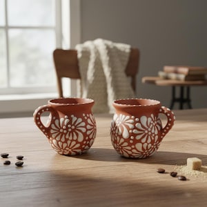 May include: Two terracotta-coloured ceramic mugs featuring a rounded shape and a white floral pattern painted on the exterior. Each mug has a small handle and a scalloped rim. The mugs are positioned on a wooden surface with scattered coffee beans.