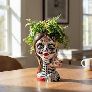 Talavera Lady Skull Planter | Colorful Day of the Dead Pot with Dog