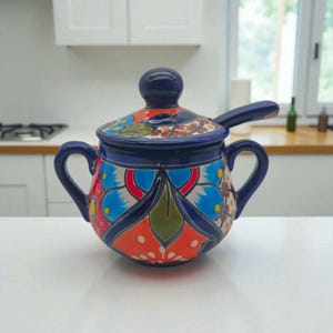 Colorful Talavera Sugar Jar with Spoon | Mexican Pottery Art