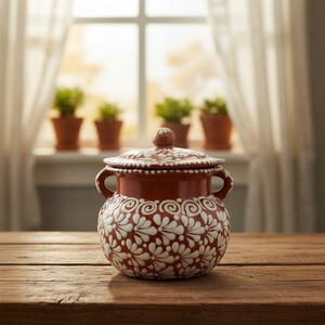 Panela Talavera Frijolero com Tampa | Design Floral Totalmente Esmaltado