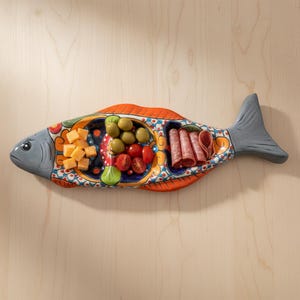 Bandeja seccional grande de Talavera hecha a mano con forma de pez / Bandeja de servir colorida
