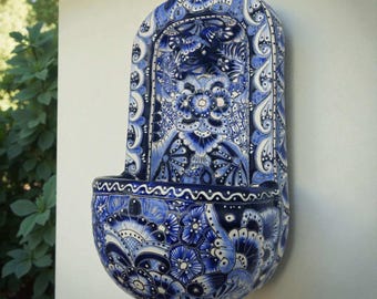Fuente de pared Talavera azul y blanca / Cerámica mexicana hecha a mano