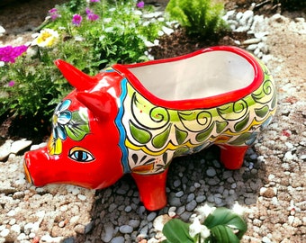 Mexican Handmade Pig Planter | Colorful Talavera Pig (Medium Size)