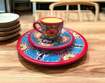 Colorful Talavera Dinnerware Set | Handcrafted Mexican Plates with Vibrant Red Rim (Seats 1)