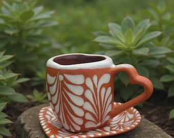 Heart-Shaped Talavera Mug Set | Brown & White Coffee Cup and Plate