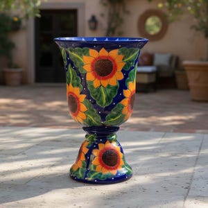 Macetero de pedestal de Talavera / Diseño de girasol azul cobalto