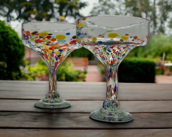 Vibrant Set of 4 Hand Blown Mexican Margarita Glasses | Confetti Fiesta Style