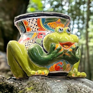 Grande jardinière grenouille Talavera | Poterie animalière mexicaine colorée peinte à la main