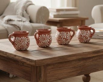 4er Set Braune Talavera Ton Gläser | Handgemachte mexikanische Tassen