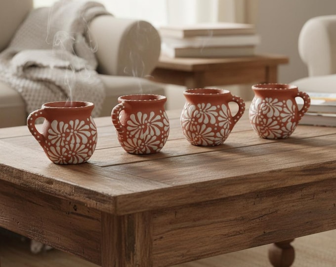 Set of 4 Brown Talavera Clay Jarritos Set | Handmade Mexican Mugs
