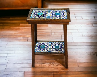 Handmade Talavera Tile Accent End Table | Mexican Wood Side Table