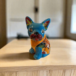 Vibrant Handcrafted Talavera French Bulldog Statue | Unique Medium Dog Sculpture