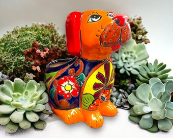 Mexican Handmade Dog Planter | Colorful Hand-Painted Talavera Dog Planter (Medium Size)