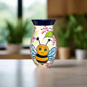 Jarrón de Talavera con diseño de abejas / Cerámica mexicana pintada a mano