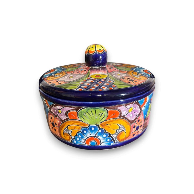 Talavera Tortilla Warmer | Hand-Painted Mexican Ceramic Dish - hand-painted cobalt-rim tortilla warmer with colorful Talavera floral pattern