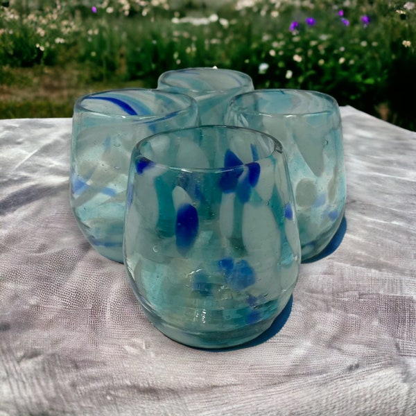 Set of 2 Hand Blown Stemless Wine Glasses | White and Blue Snow Design (12 oz Capacity)