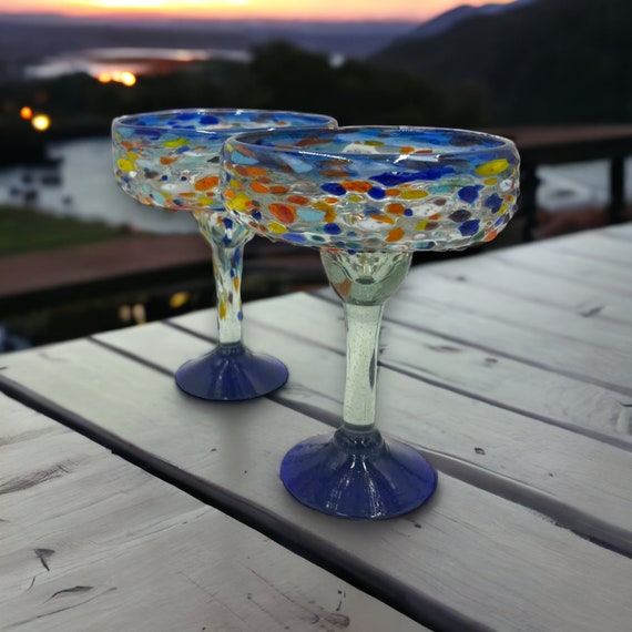 Vibrant Set of 2 Handblown Margarita Glasses Blue Confetti Rock Design 