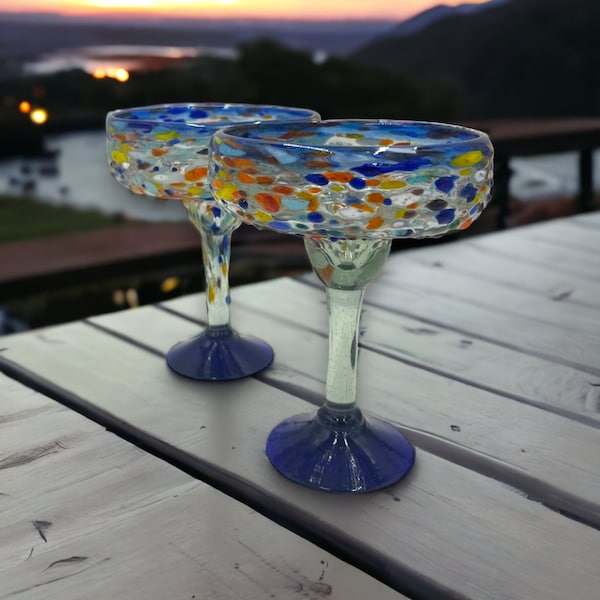 Vibrant Set of 2 Handblown Margarita Glasses | Blue Confetti Rock Design