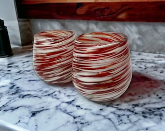 Set of 6 Handcrafted Stemless Wine Glasses | Artisan Blown Glassware with Elegant Red & White Swirls