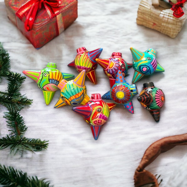 Set of 4 Handmade Mexican Talavera Christmas Ornaments | Festive Piñata Style Decorations (Randomly Assorted)