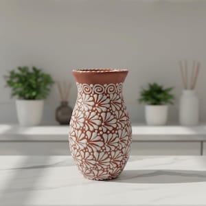 Handmade Talavera Vase | Brown & White Relief Pottery