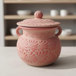 Olla de barro de Talavera rosa con tapa / Arte popular mexicano