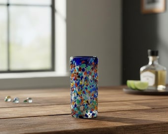 コンフェッティ ダブルショットグラス | 手吹きメキシコ製ブルーリム