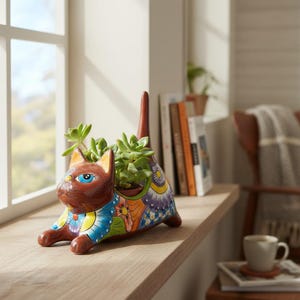 Talavera Cat Planter | Colorful Handmade Stretching Animal Pot
