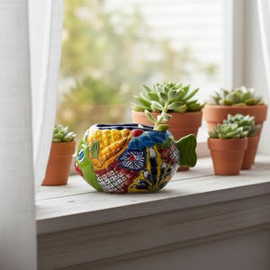 Small Talavera Fish Planter | Hand-Painted Mexican Statue Pottery