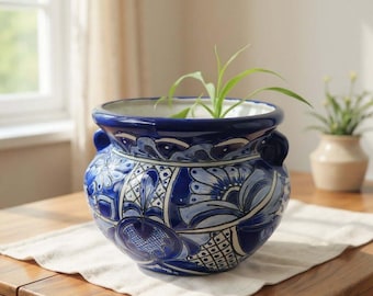 Maceta de Talavera hecha a mano / Maceta azul y blanca