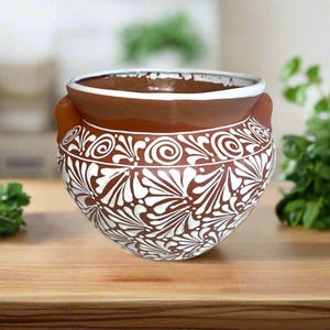 Terrakotta Talavera blomkruka | Brun & vit mexikansk kruka