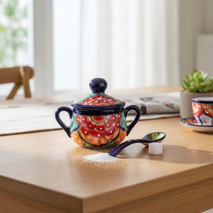 Tarro de azúcar Talavera colorido con cuchara / Arte de cerámica mexicana