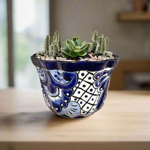 Talavera Flower Pot | Handmade Blue & White Mexican Ceramic