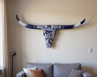 Talavera Longhorn Skull | Blue & White Mexican Wall Art